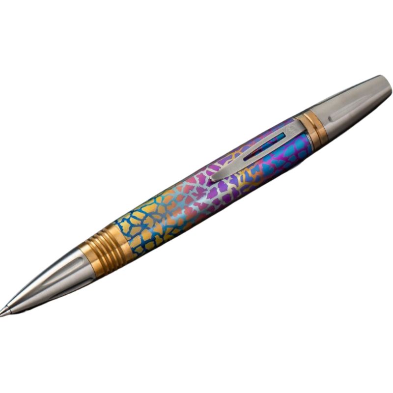 William Henry Caribe pen features a barrel sculpted and hand-finished from stylish patterned and anodized titanium